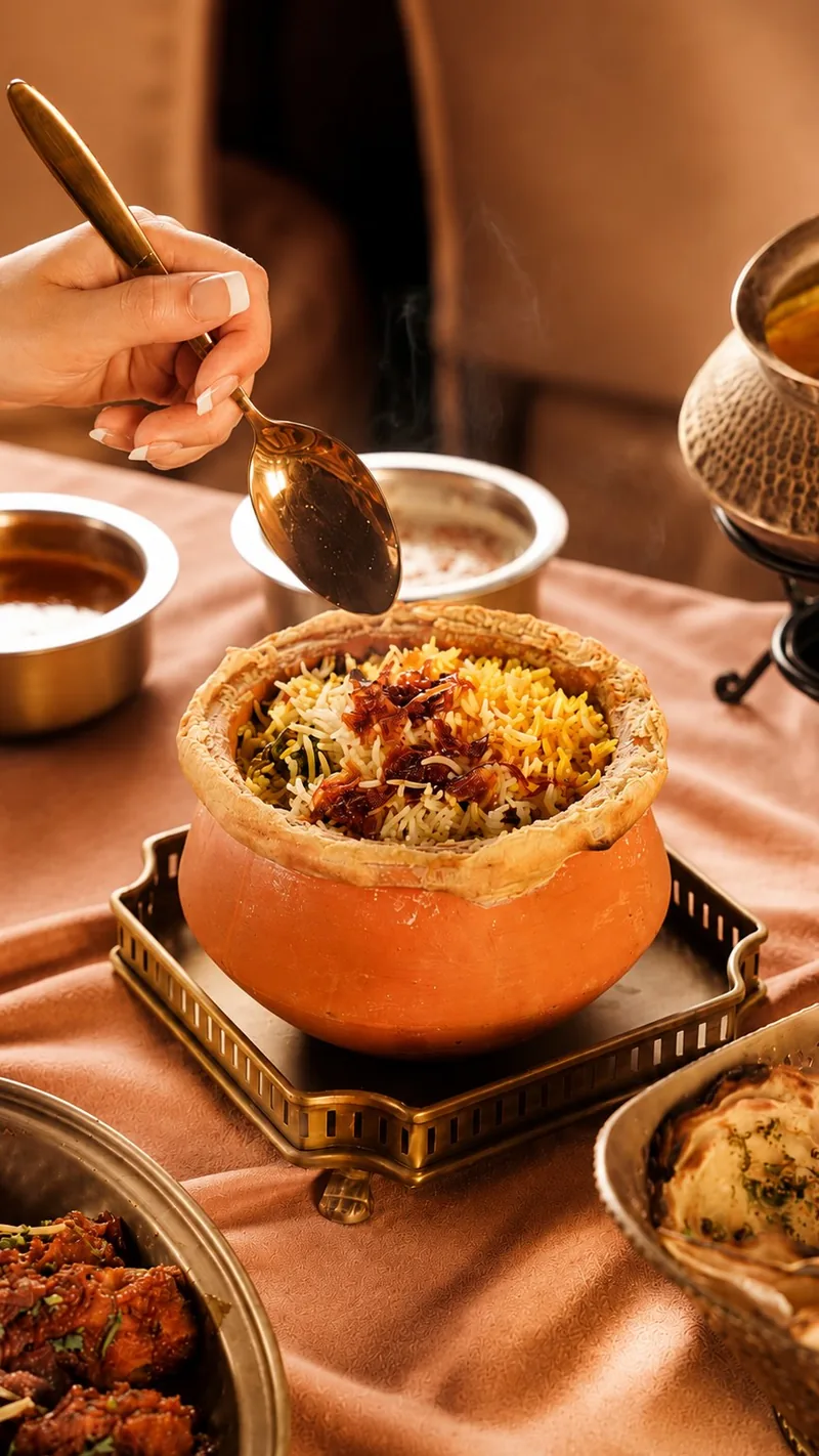 Yakhni mutton biryani sealed in a clay matka with rising steam.