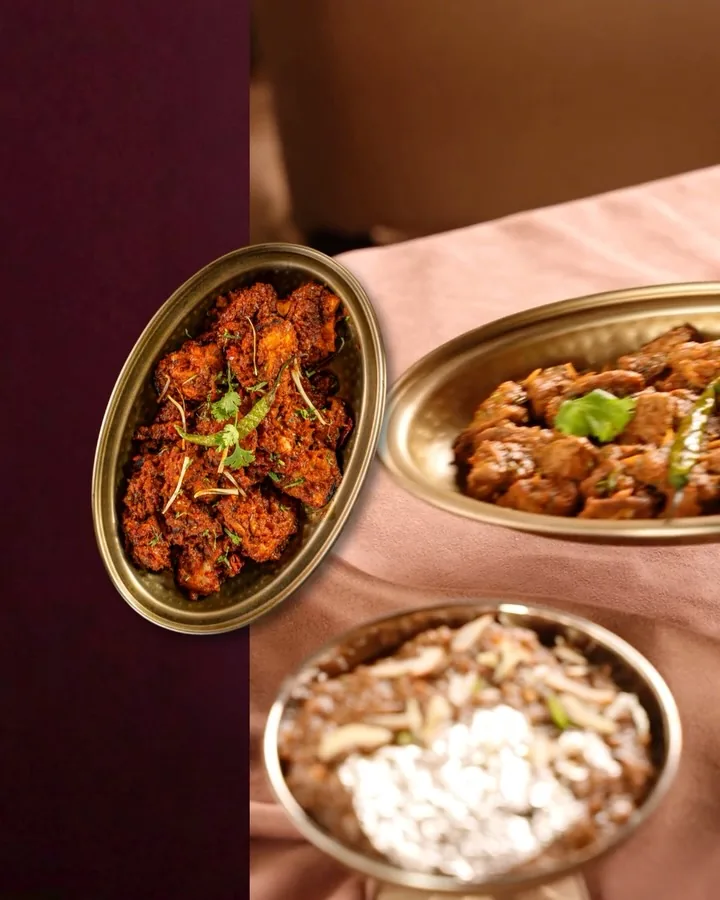 Two brass dishes of frontier curry with a side of phirni.